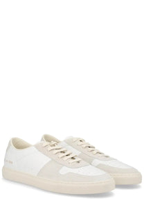 Common Projects men’s sneaker Bball white cream-colored suede and leather minimalist sneakers with white laces and sole