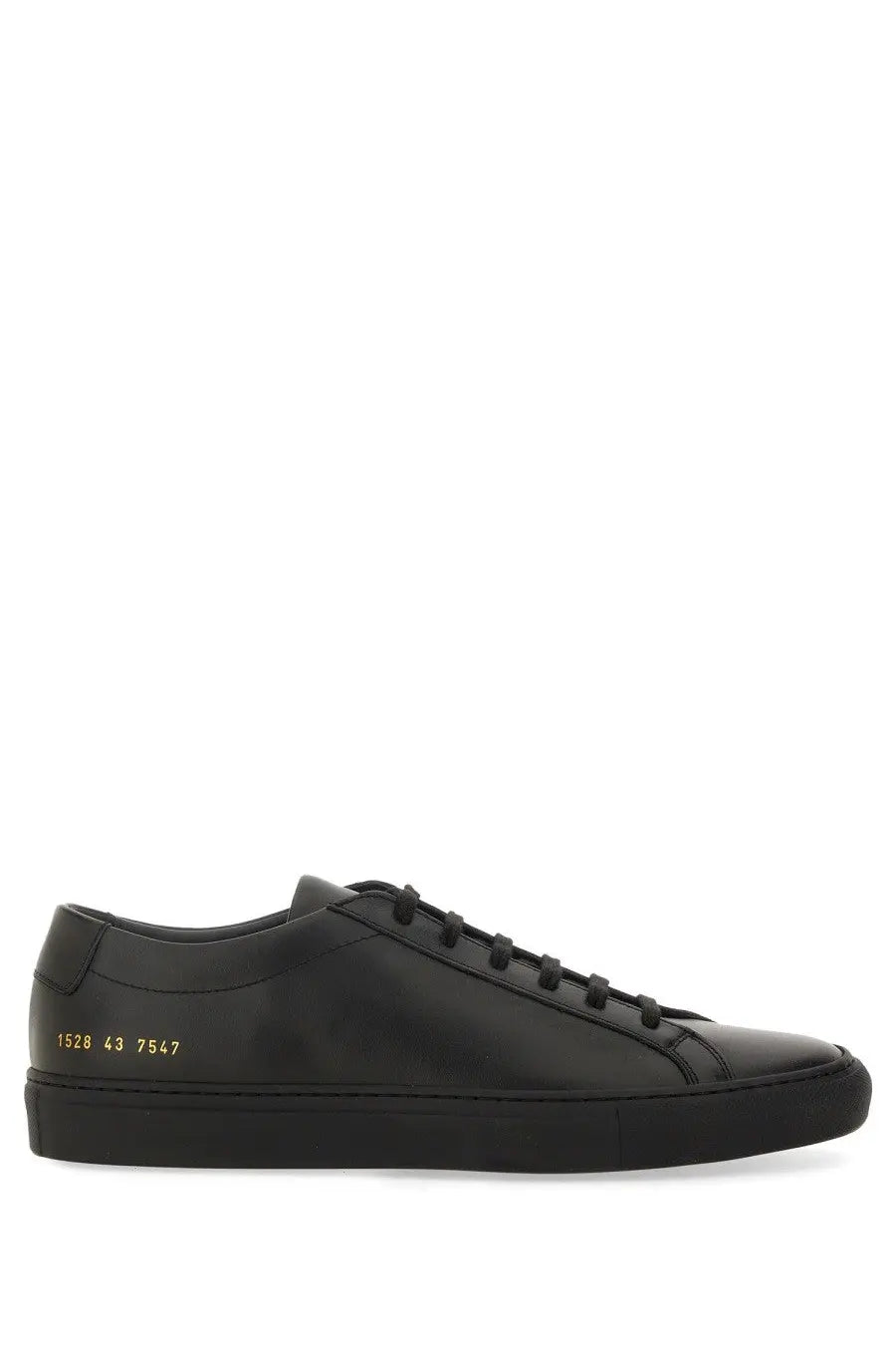 Common projects men’s sneaker low achilles original black low-top leather sneaker with gold numerical detailing on heel back view