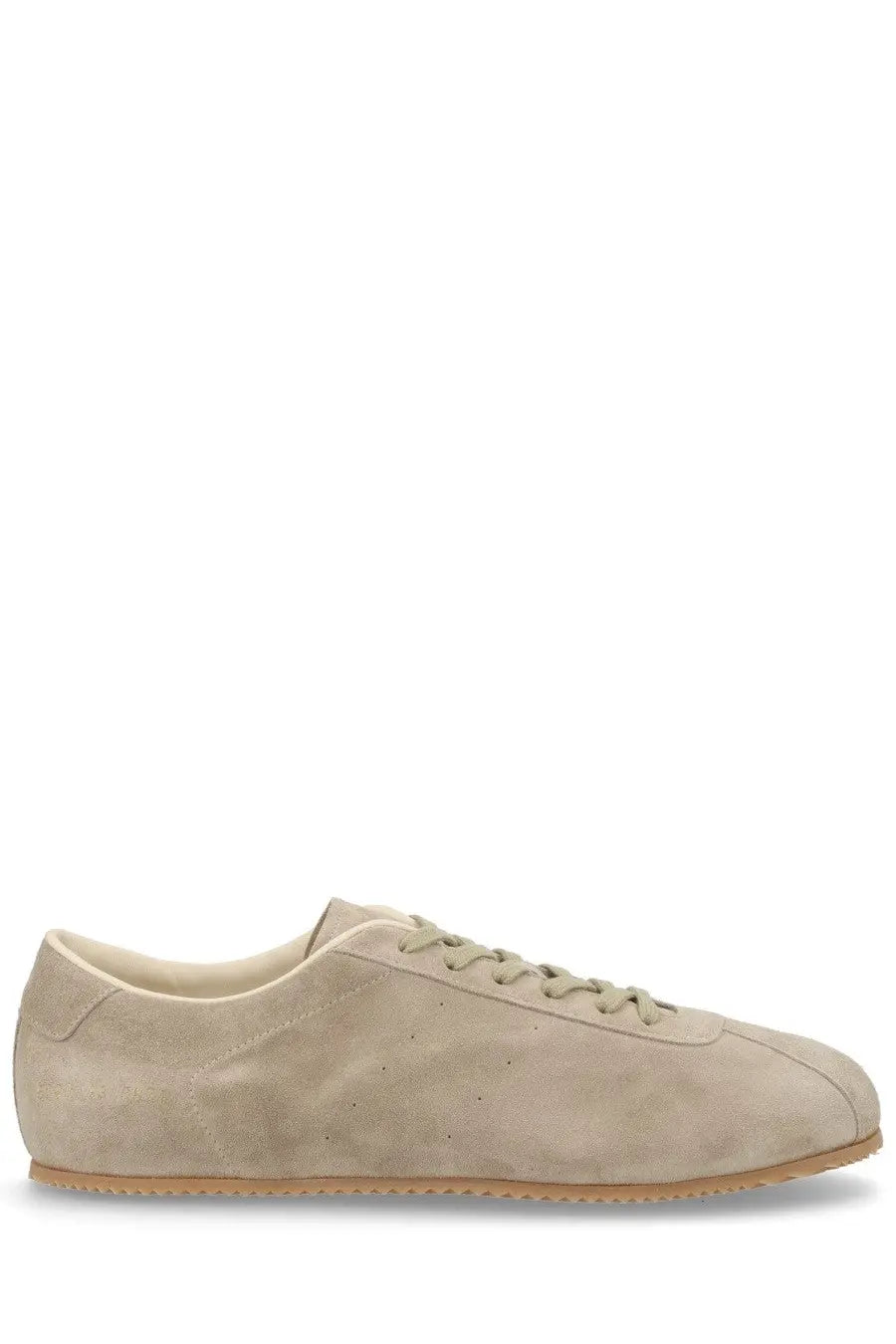 Common Projects men’s sneaker in suede beige with matching laces and tan rubber sole low-top design