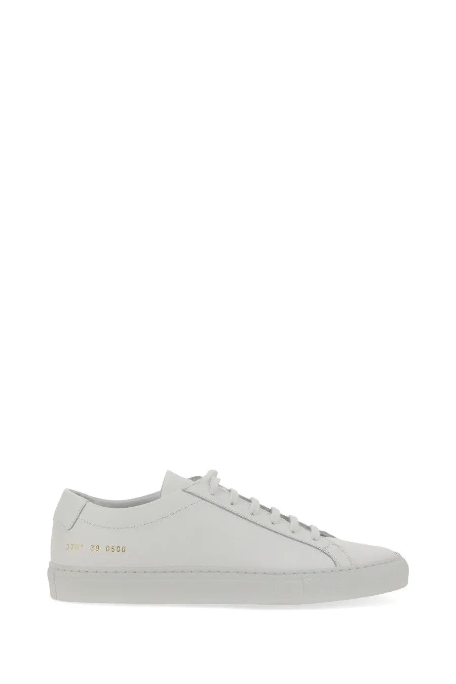 Common projects women’s low original achilles sneaker white leather low-top with minimalist design and gold branding on heel back view