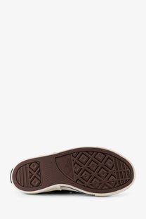 Back view of converse men’s faux fur sneakers black showing brown rubber sole with diamond tread and embossed logo