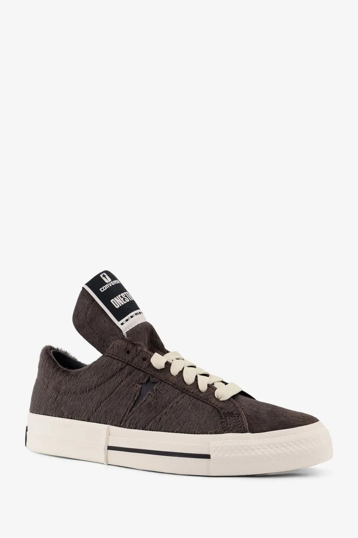Converse men’s faux fur sneakers in black with dark gray suede one star low-top design cream laces and white sole