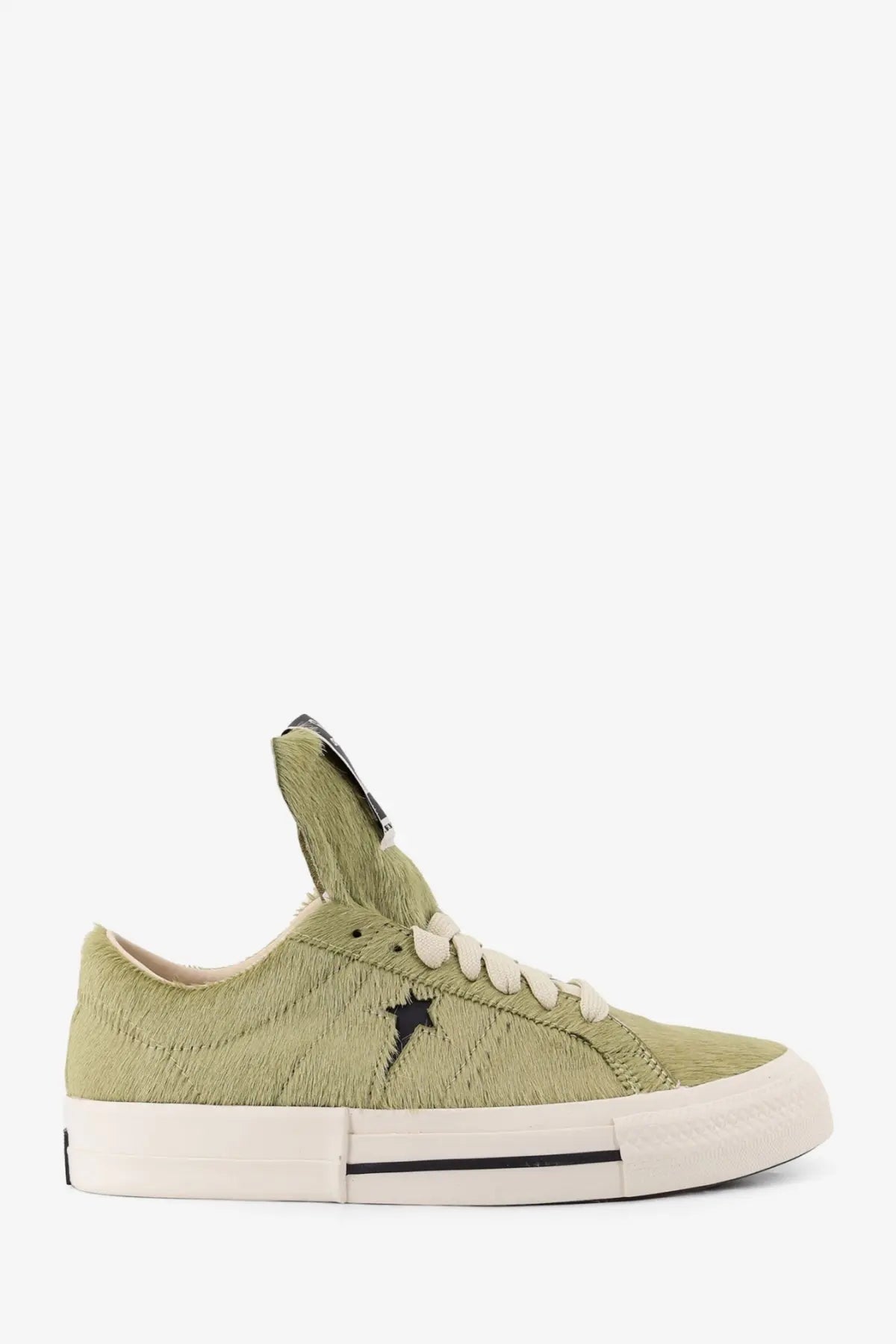 Olive green suede Converse one star low-top sneaker with black star logo and white rubber sole for men