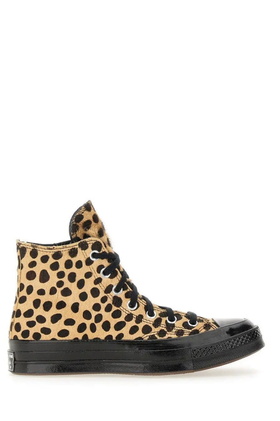 Converse unisex chuck hi sneaker in leopard print with black laces and glossy black rubber toe cap