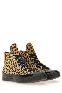Converse unisex chuck hi sneaker in leopard print with black laces and glossy black rubber toe cap