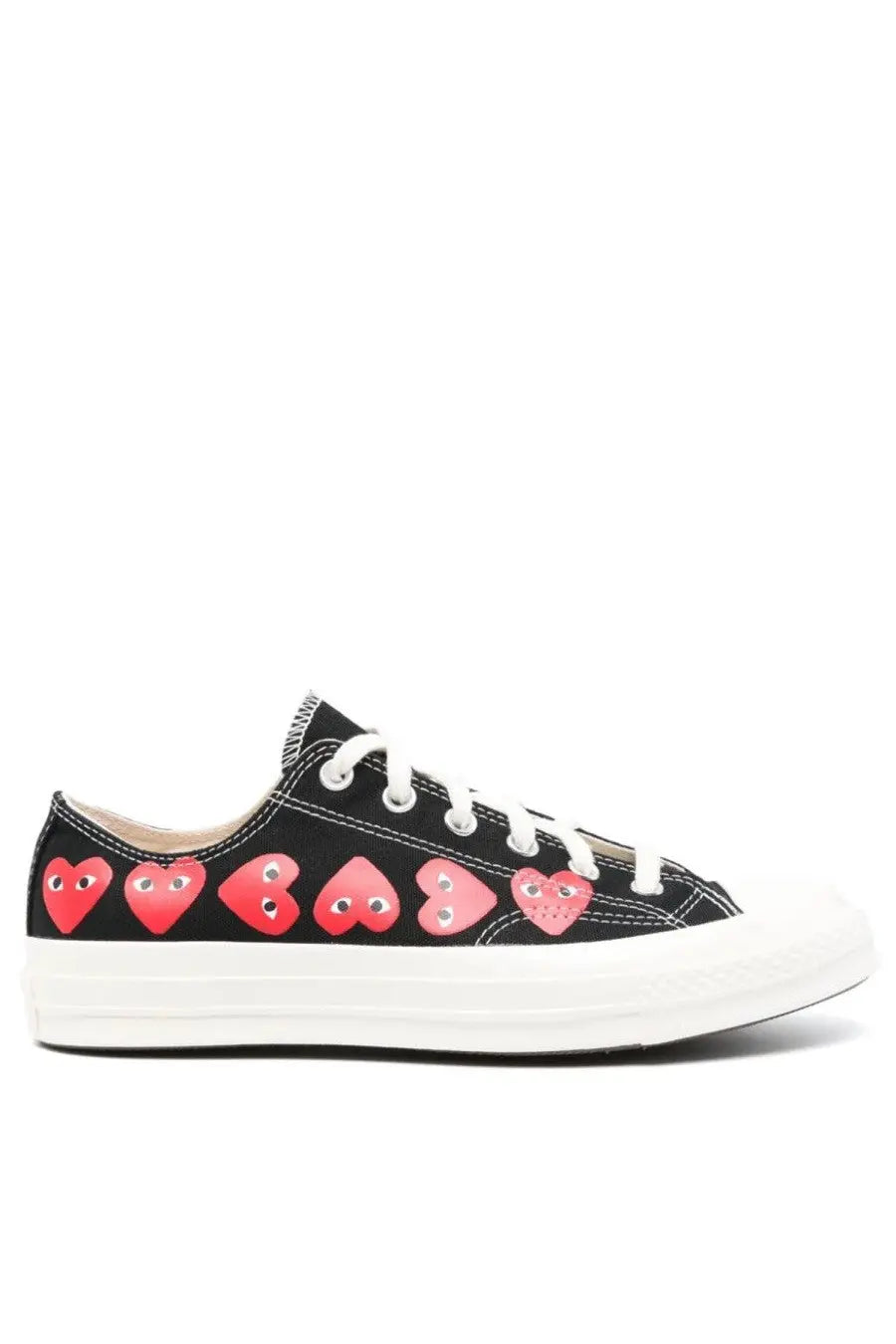 Black canvas Converse unisex low-top sneaker with red and pink heart decals white laces and white rubber sole