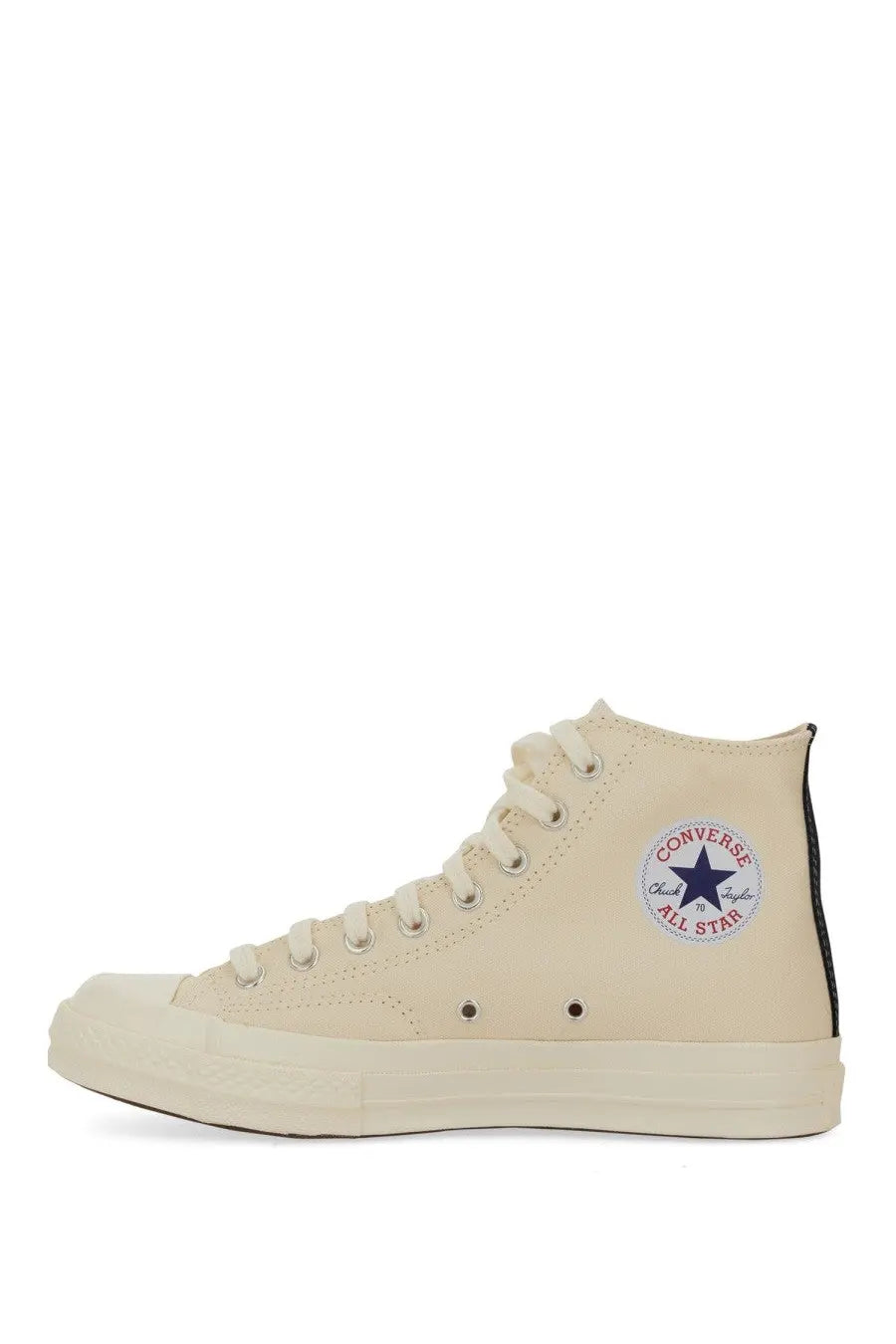 Cream-colored Converse All Star high-top sneaker with classic rubber toe cap and black heel tab in unisex white design