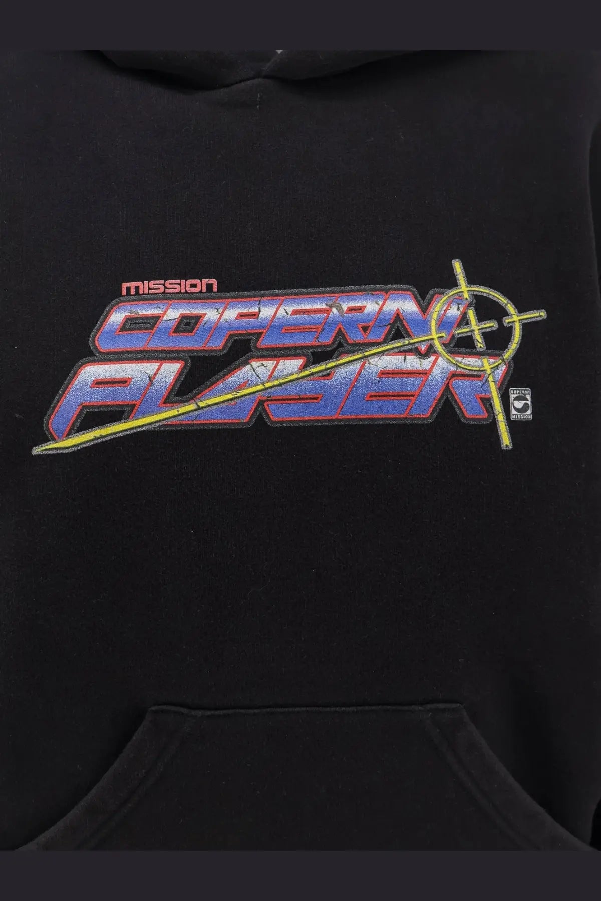Black cotton hoodie with bold retro mission copernicus player graphic in metallic blue red and yellow outlines