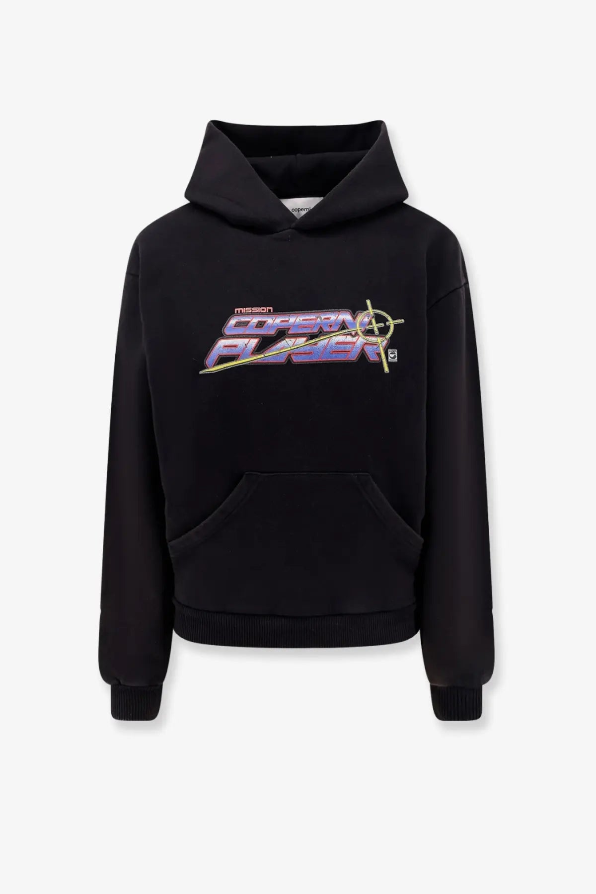 Coperni women’s black cotton hoodie featuring a vibrant mission coastal player graphic with purple pink and gold gradient lettering