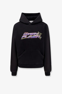 Coperni women’s black cotton hoodie featuring a vibrant mission coastal player graphic with purple pink and gold gradient lettering