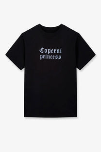 Black short-sleeved cotton t-shirt with coperni princess printed in white gothic font on the chest by Coperni Women’s Disney