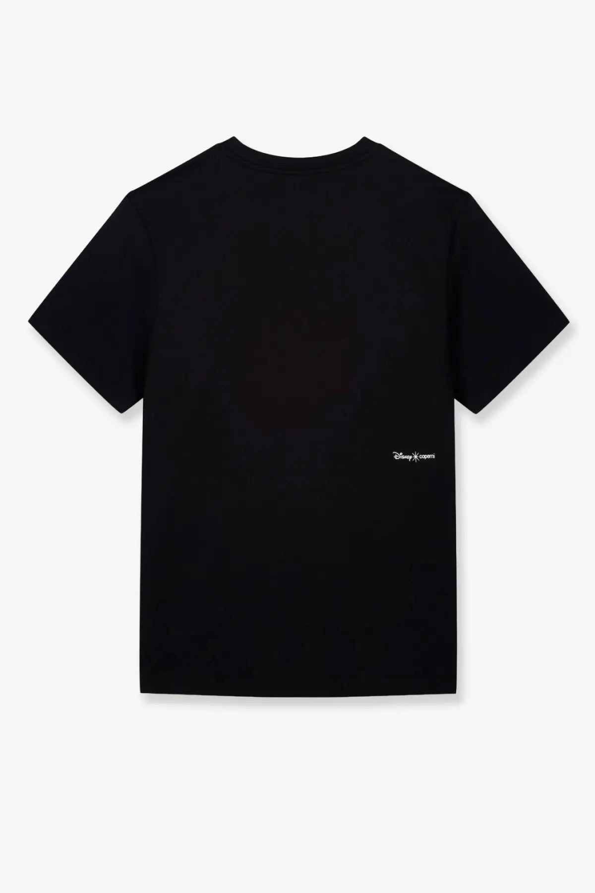 Coperni women’s black short sleeved cotton t-shirt with a small white disney heroes logo embroidered on the lower left side