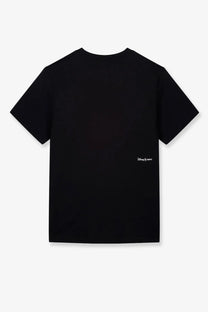 Coperni women’s black short sleeved cotton t-shirt with a small white disney heroes logo embroidered on the lower left side
