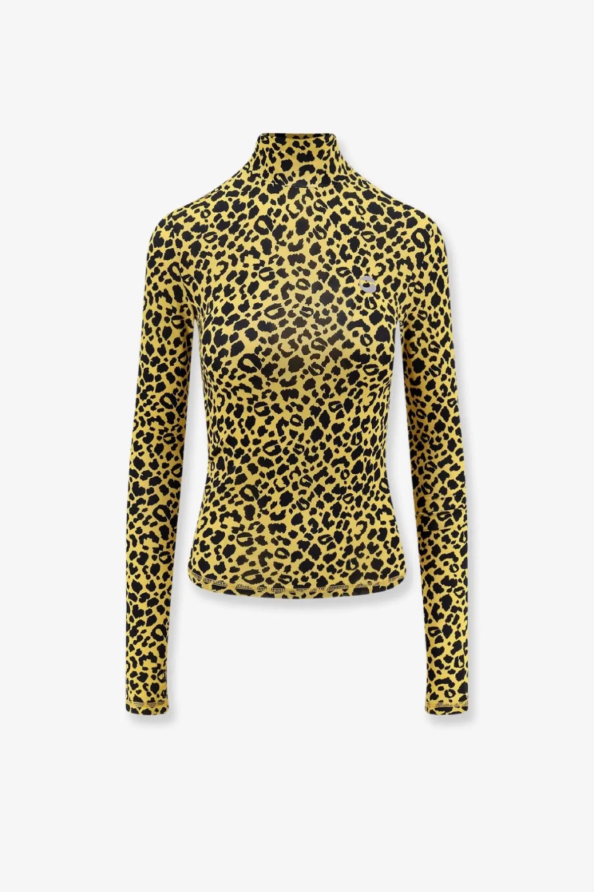 A fitted long-sleeved turtleneck top in bold yellow and black leopard print knitted viscose by coperni women