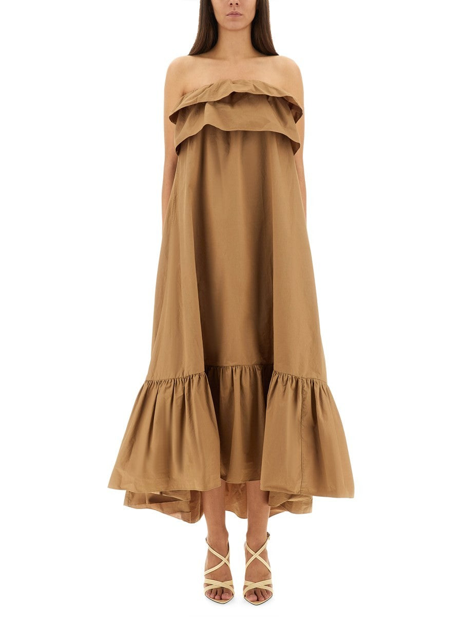 Saint Laurent Women's Cotton Twill Ruffle Dress Brown