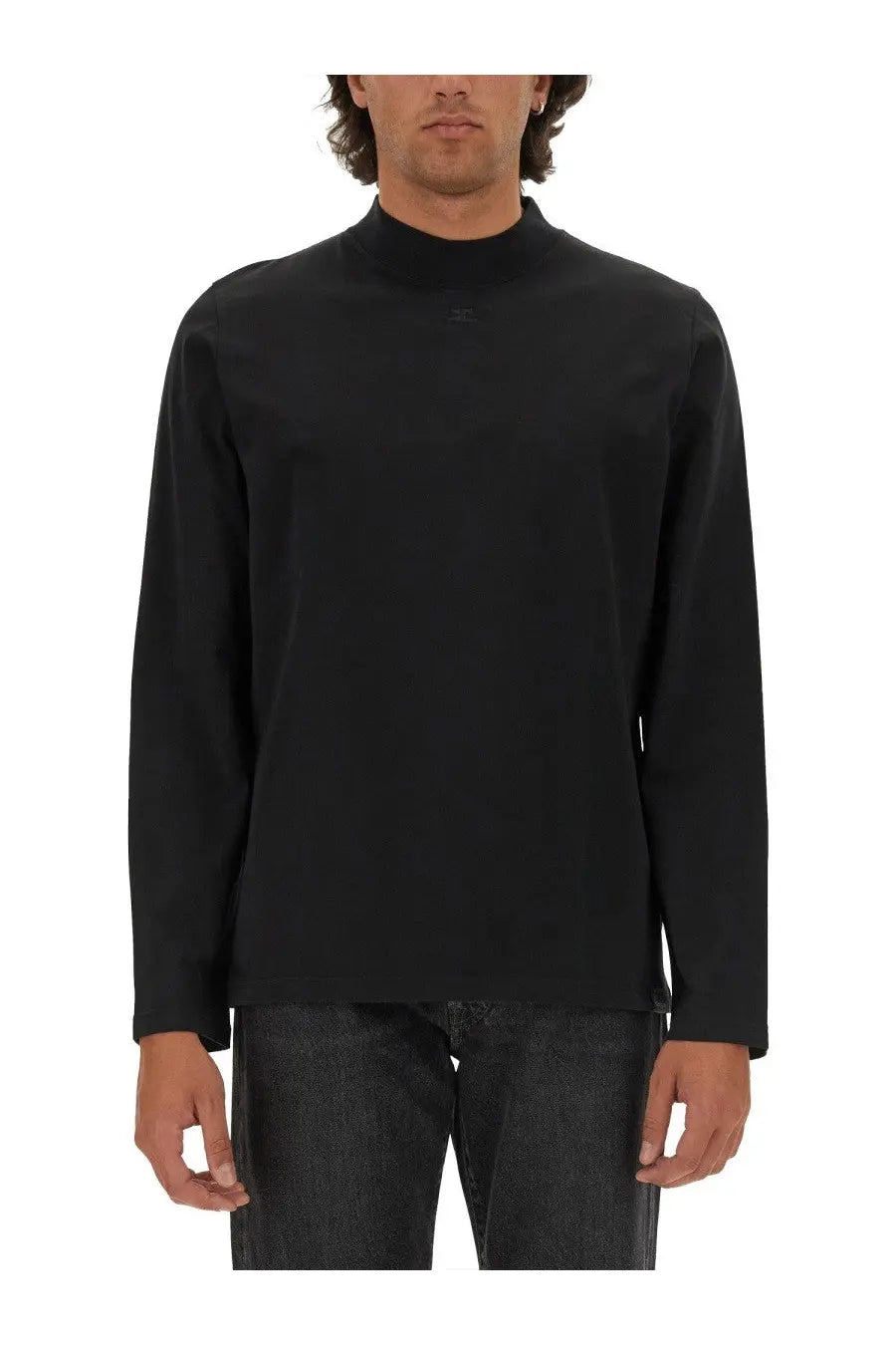 Black courrèges men’s long-sleeved turtleneck shirt with a subtle logo on the chest for stylish layering