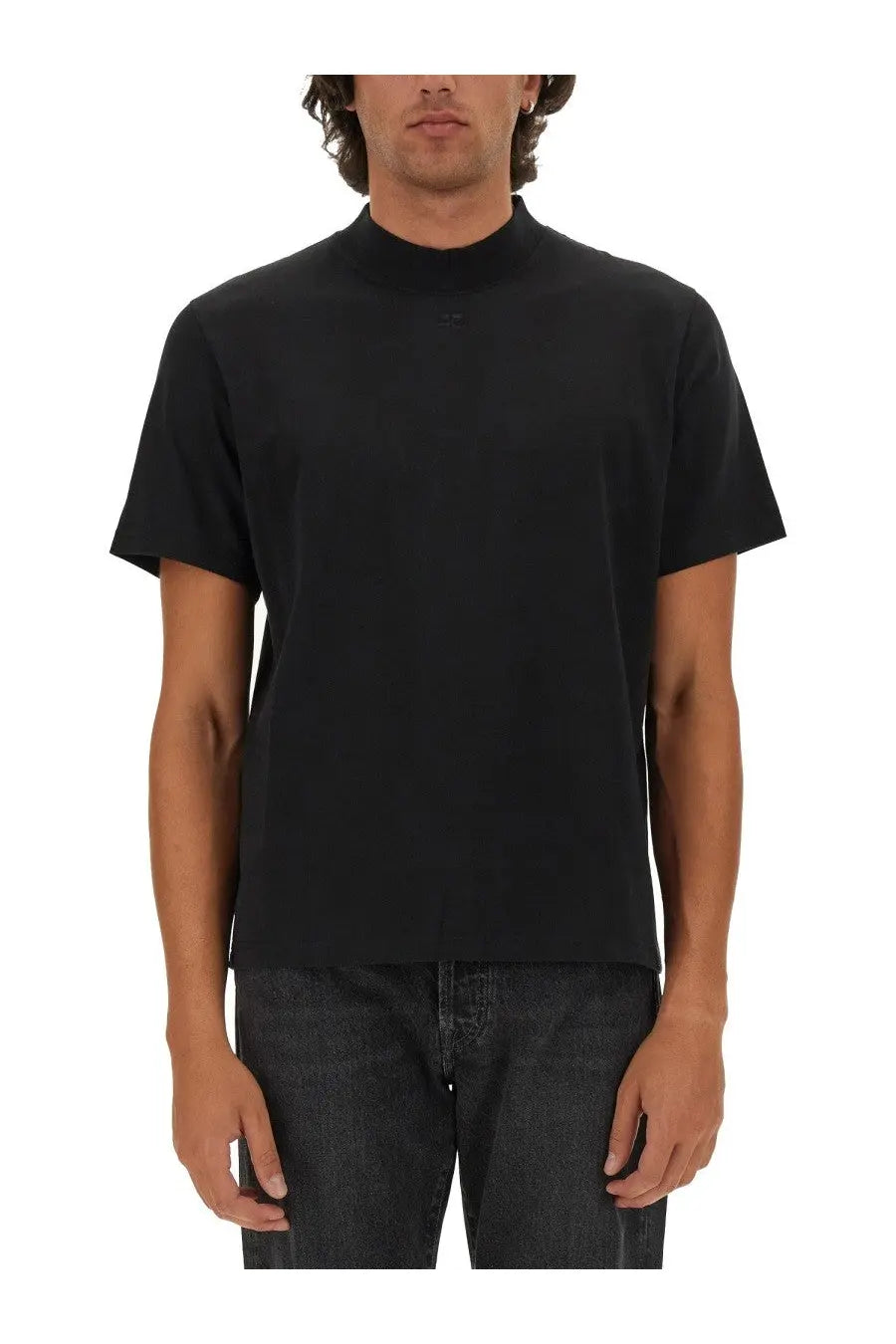 Black short-sleeved mock neck shirt for men by courrèges made of comfortable fabric for casual wear
