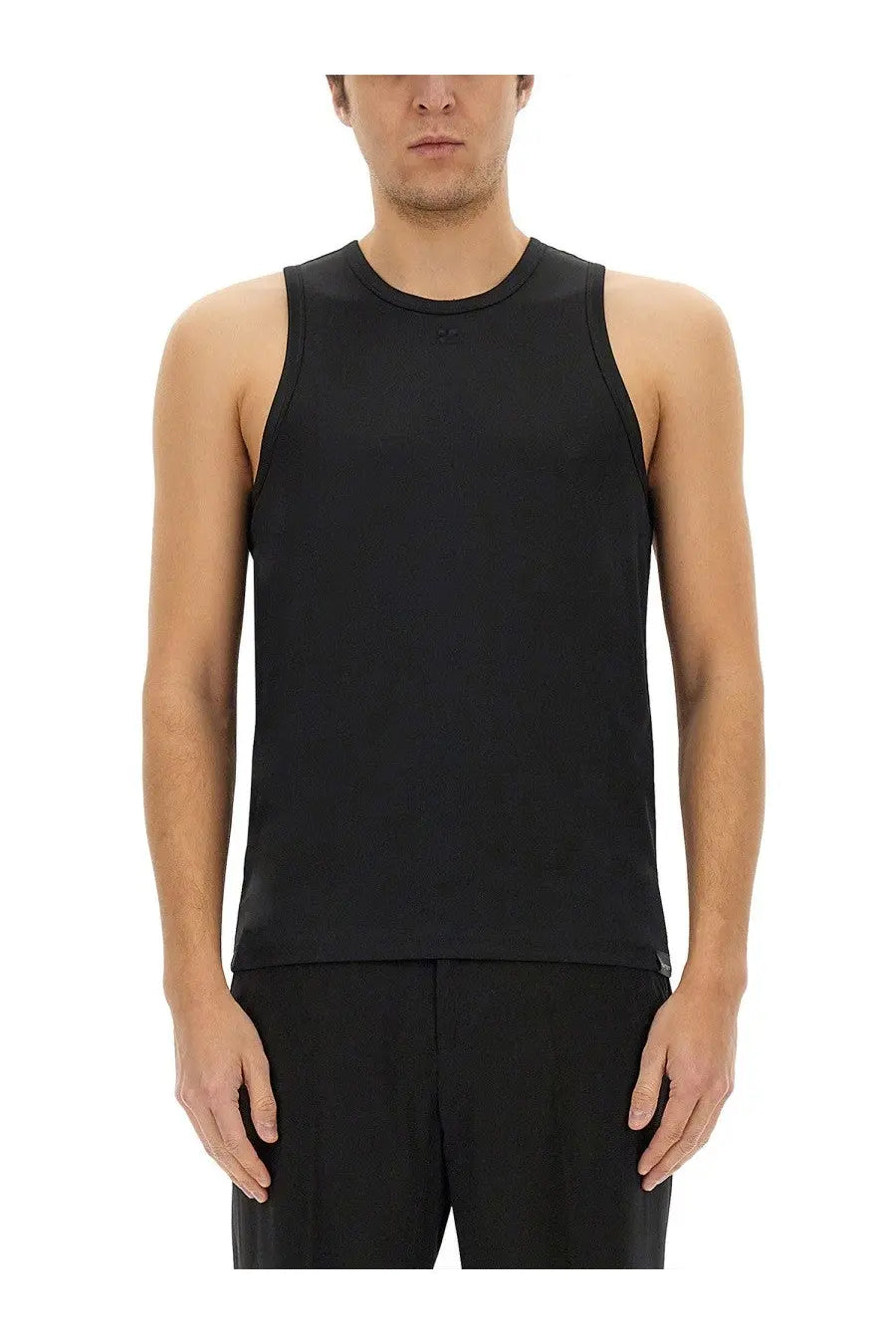 Black sleeveless Courrèges men’s athletic tank top with crew neckline and subtle chest branding in lightweight fabric