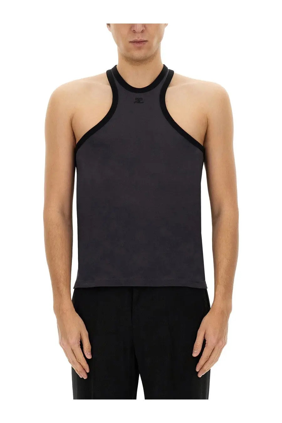 Courrèges men’s top scuba black black racerback tank top with subtle textured fabric and small chest logo