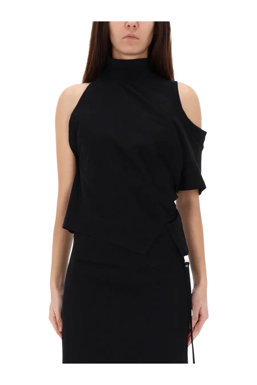 Black sleeveless high-neck Courrèges shirt with asymmetrical cutouts and side ruched draped detail