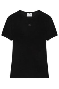 Courrèges women’s baby spongy black short-sleeved t-shirt with subtle embroidered logo and brand tag at neckline