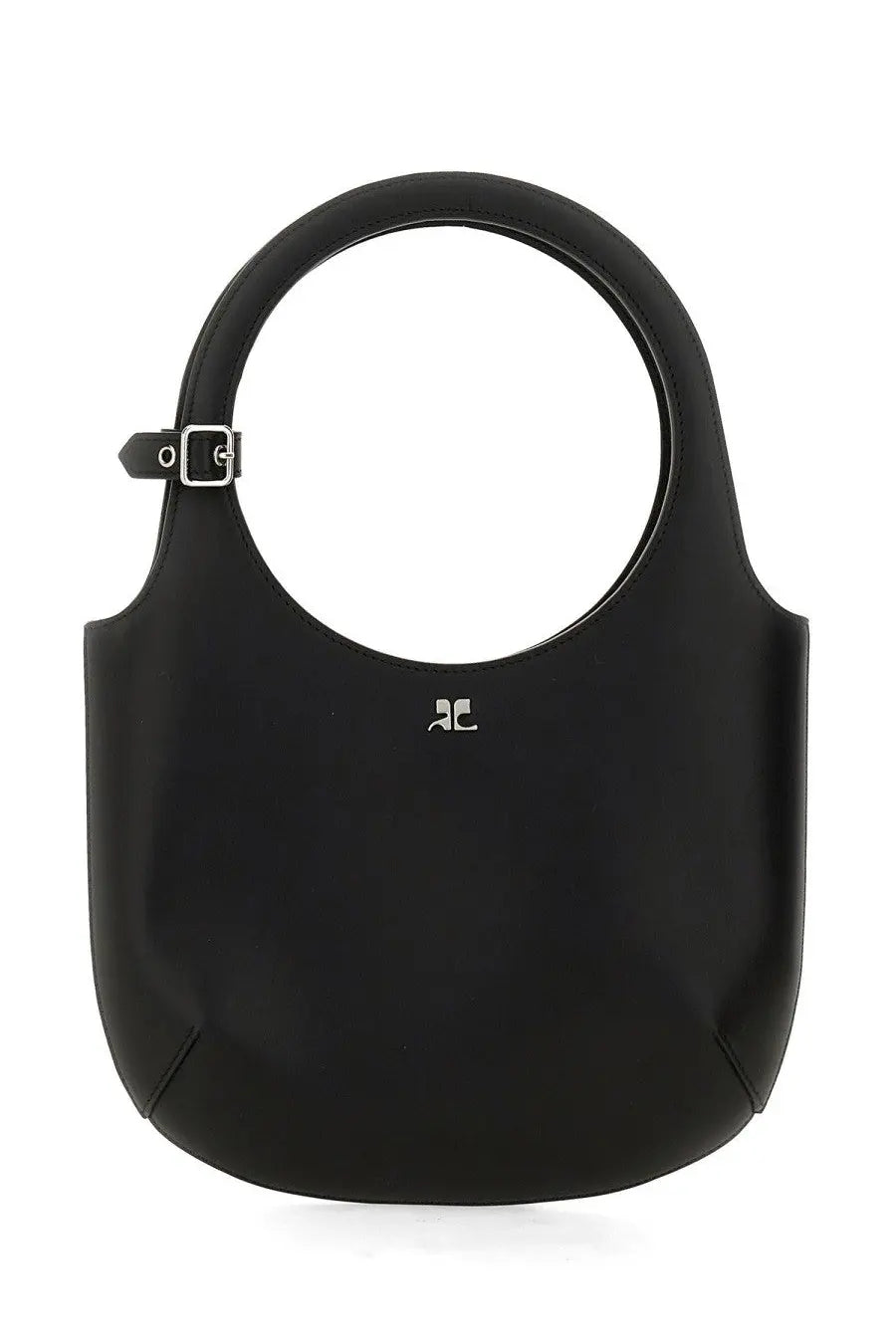 Courrèges women’s black leather handbag with circular top handle and silver-tone hardware for stylish carry