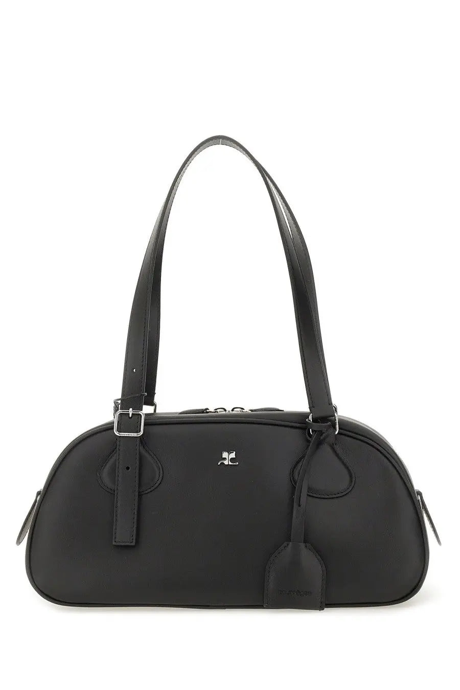 Courrèges women’s bowling bag Friday medium black in black leather with sleek rounded design and silver-tone hardware accents