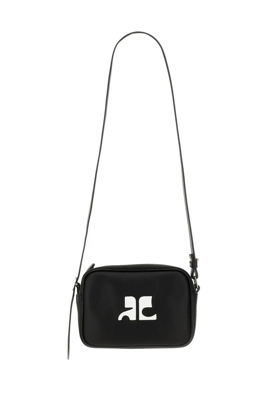 Courrèges women’s camera bag reedition black black rectangular crossbody bag with white abstract logo on front