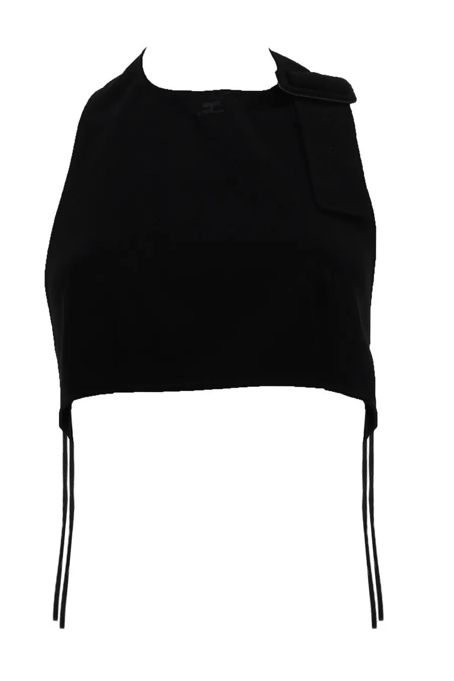 Courrèges women’s black sleeveless crop top with draped shoulder detail and matching tassels at the hem