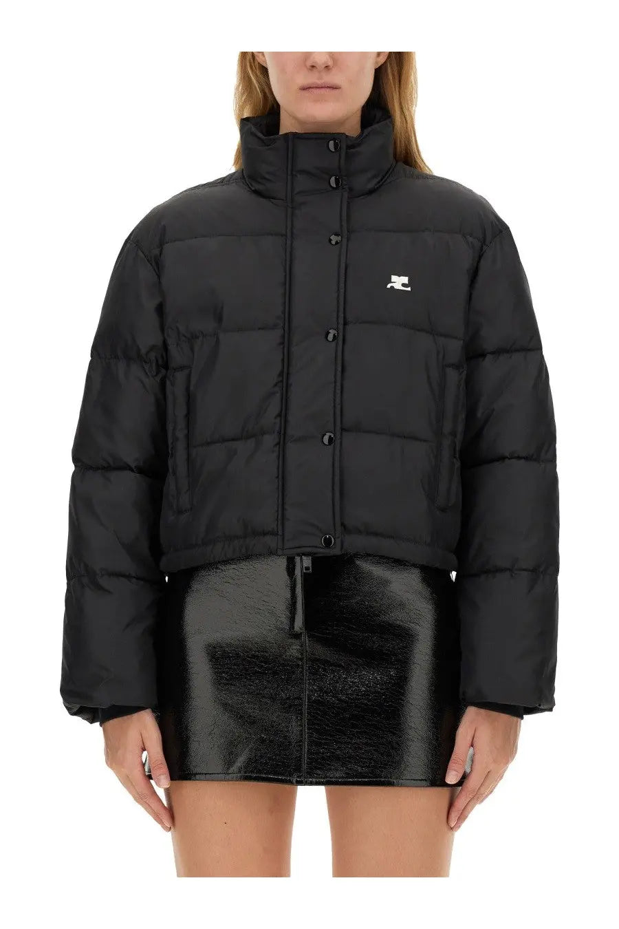 Courrèges women’s black down jacket with quilted panels and small white logo on left chest