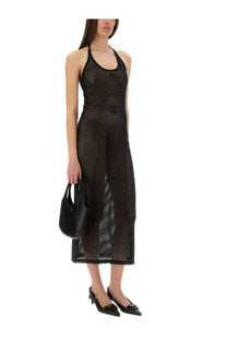 Courrèges women’s holistic long dress black black mesh halter design high neckline side slit elegant evening wear