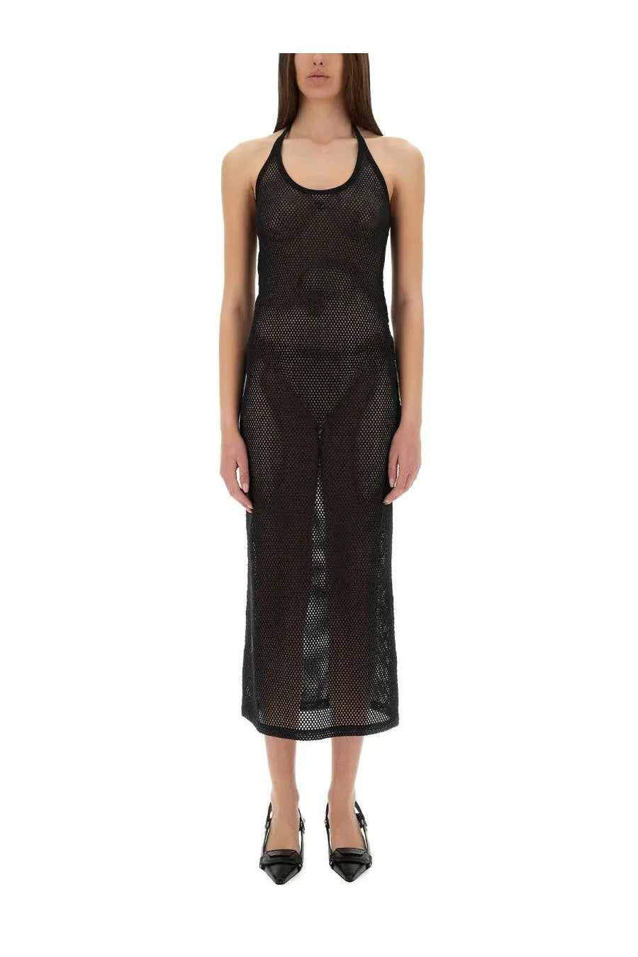 Courrèges women’s holistic long dress in black mesh with halter neck and midi length for elegant occasions