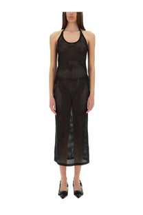Courrèges women’s holistic long dress in black mesh with halter neck and midi length for elegant occasions