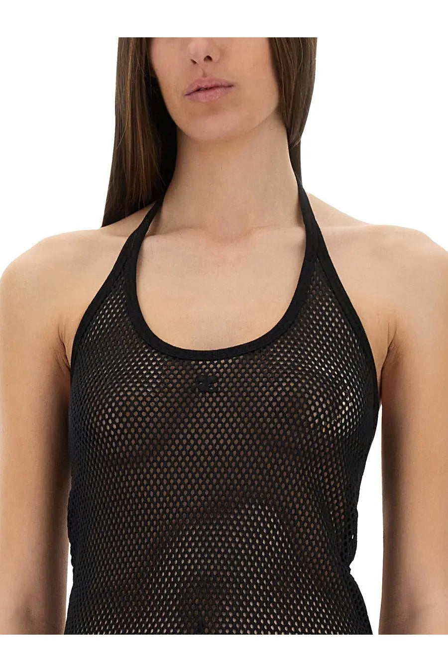 Black mesh halter top with rounded neckline and subtle texture from courrèges women’s holistic long dress black collection