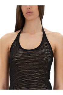 Black mesh halter top with rounded neckline and subtle texture from courrèges women’s holistic long dress black collection