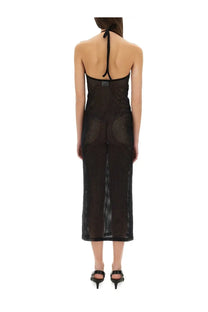 Courrèges women’s holistic long dress black mesh halter with back tie and sheer textured fabric shown from the back