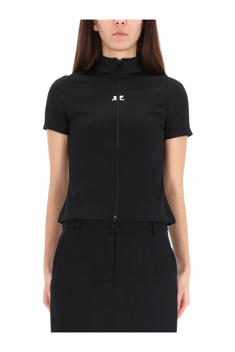 Courrèges women’s black interlock top with short sleeves high collar peplum hem and white chest logo