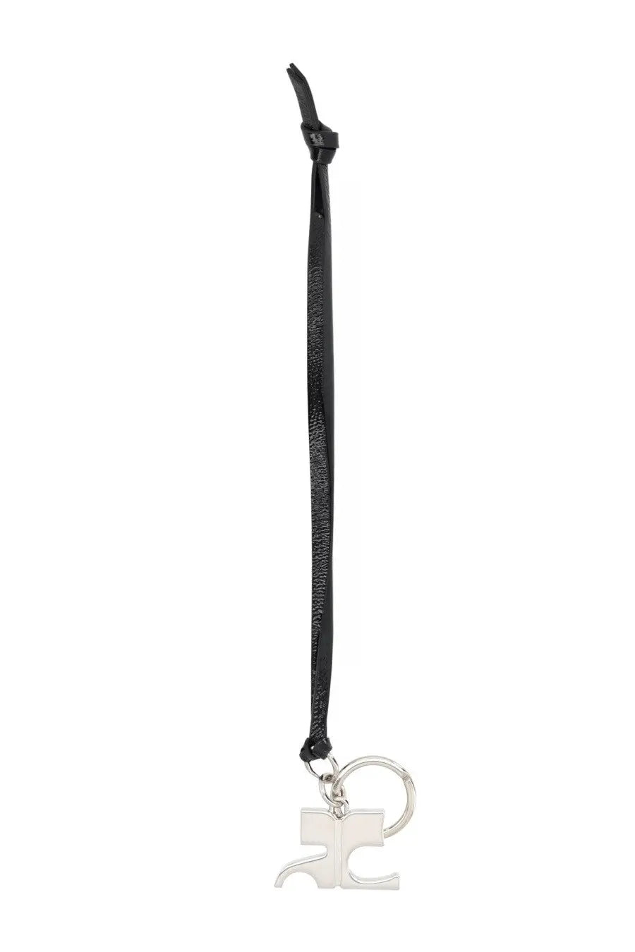 Courrèges women’s black leather keychain with silver-tone metallic puzzle-piece charm and circular ring
