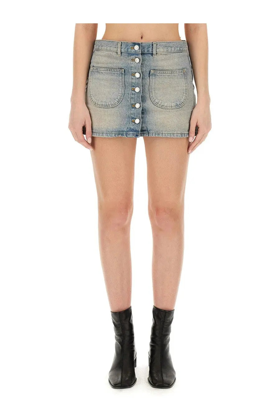 Courrèges women’s light-wash denim mini skirt with button-front closure and two front pockets in blue