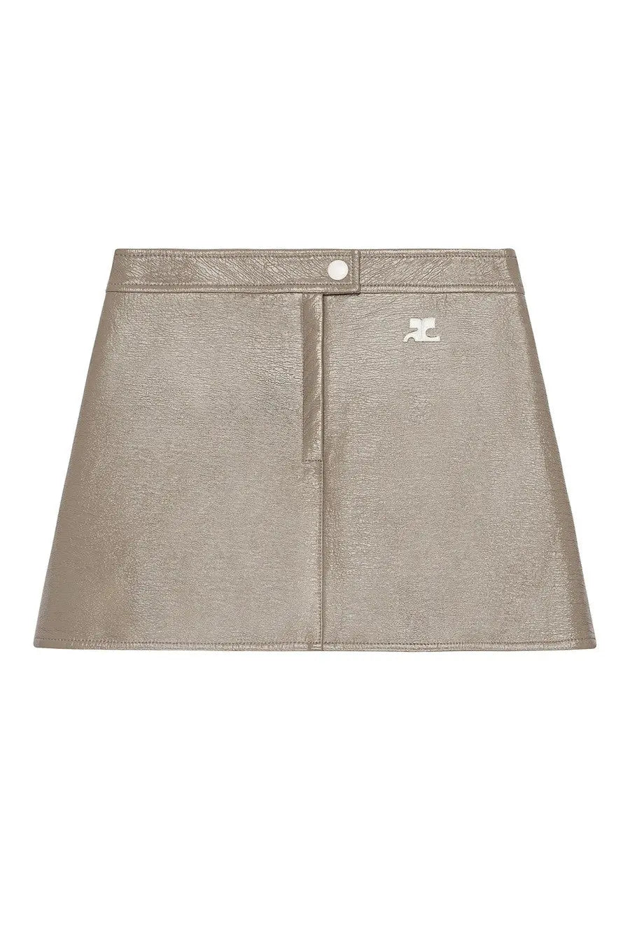 Courrèges women miniskirt reedition brown metallic taupe leather with subtle texture and small silver logo on front