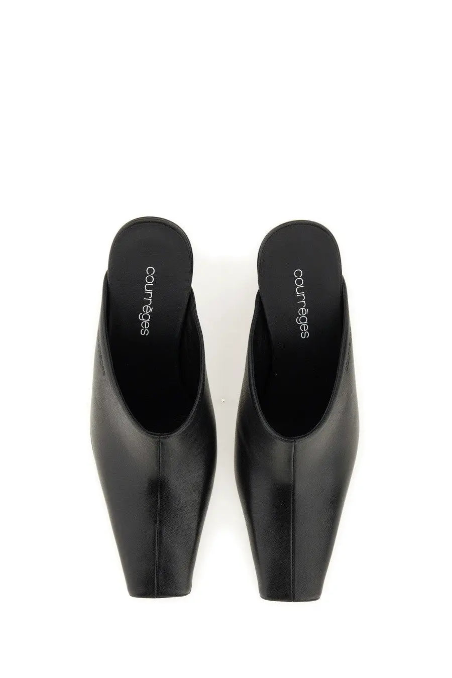 Courrèges women’s sleek black leather mules with pointed toe and minimalist design