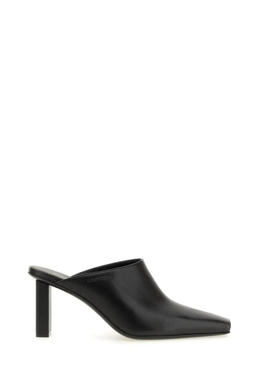 Courrèges women’s black leather mule shoe with sleek minimalist design and sturdy block heel