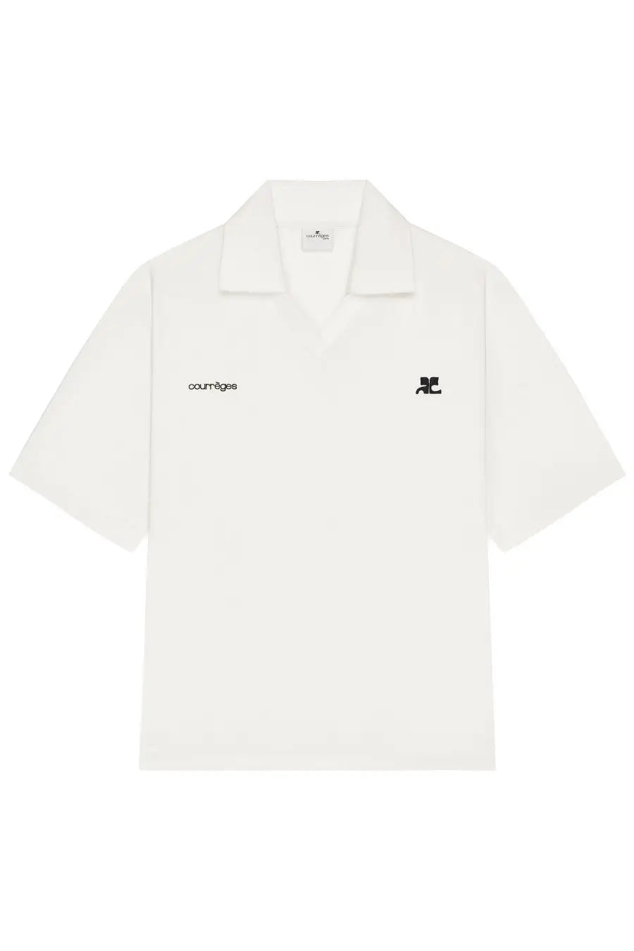 White short-sleeved polo shirt with black embroidered branding on chest and collar by courrèges women