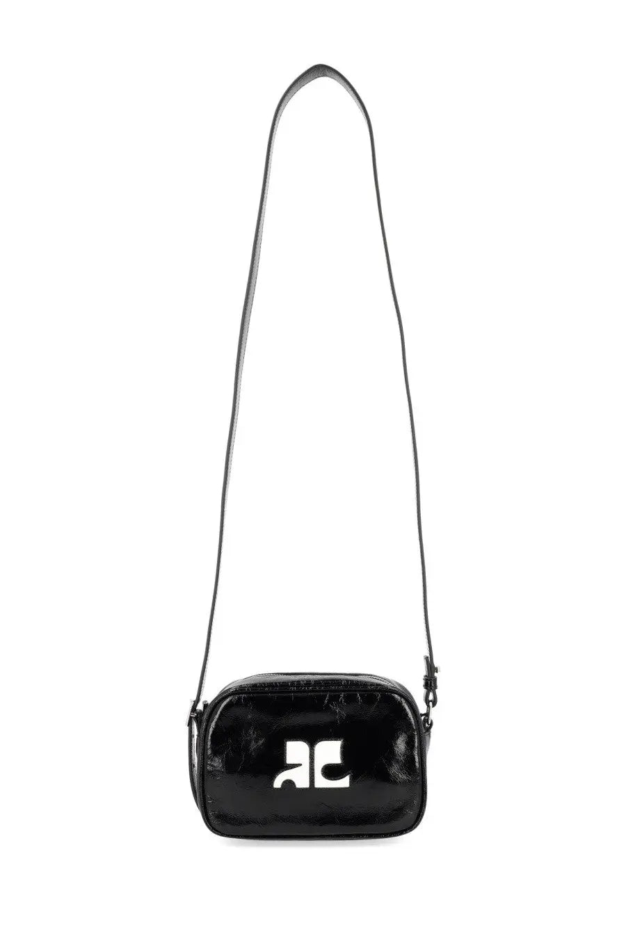Courrèges women’s reedition naplack bag black glossy crocodile embossed crossbody bag with white logo on front