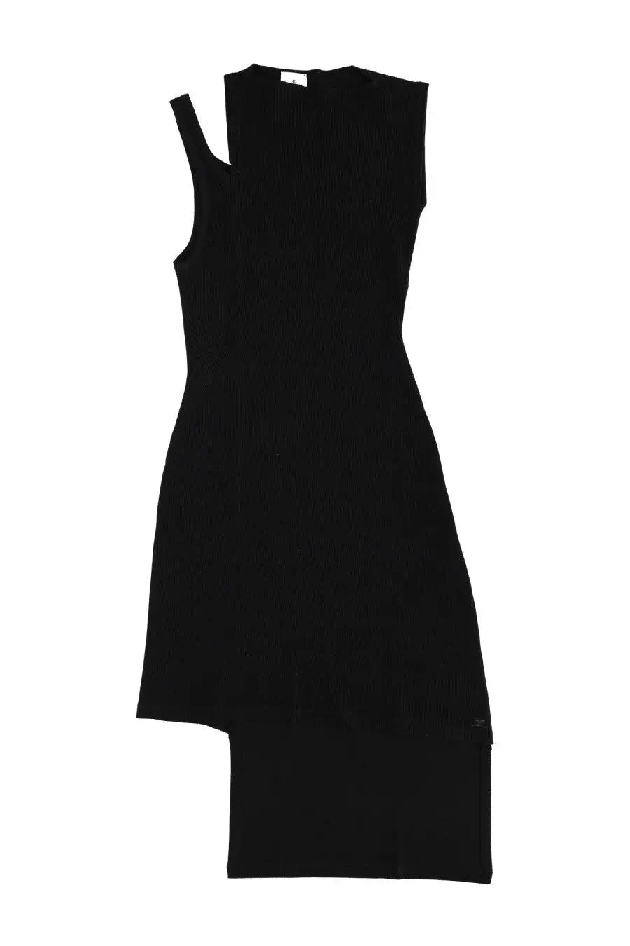 Courrèges women’s black ribbed sleeveless dress with cut-out shoulder detail and asymmetrical hemline