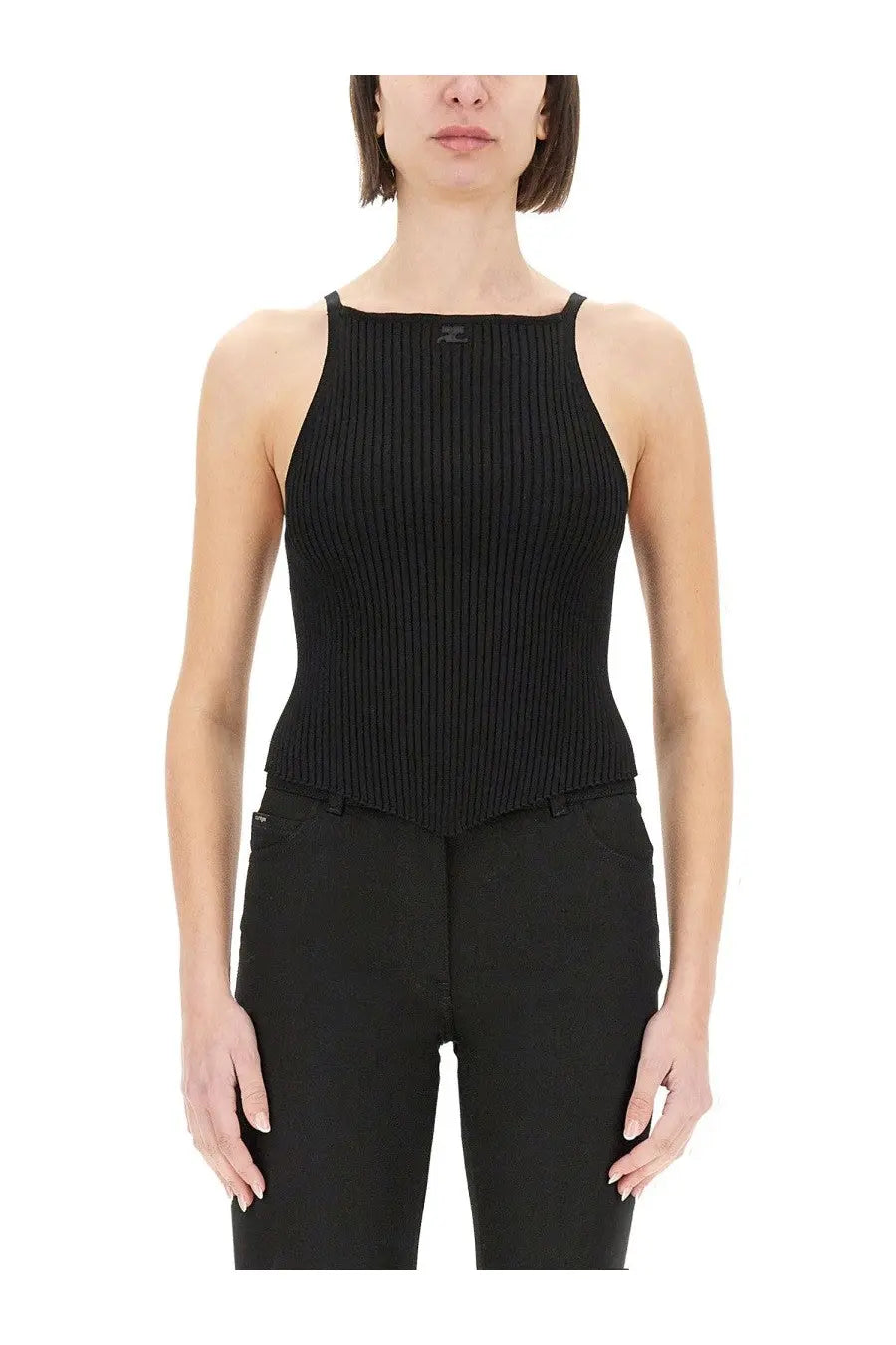 Courrèges womens black ribbed knit sleeveless tank top with square neckline and subtle brand logo on collar