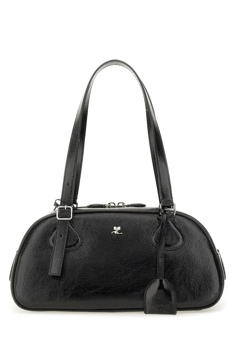 Courrèges women shoulder bag Friday medium black in black pebbled leather with silver-tone hardware and small logo plaque