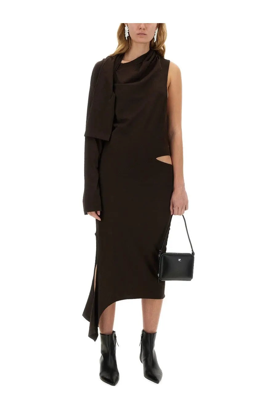 Black leather mini crossbody bag with small metallic logo front paired with courrèges womens off shoulder brown dress