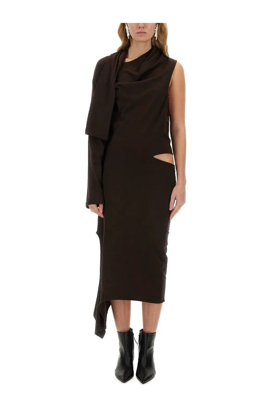 Courrèges women’s off shoulder brown dress featuring a sleek asymmetrical design with draped sleeve and cut out detail