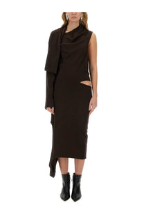 Courrèges women’s off shoulder brown dress featuring a sleek asymmetrical design with draped sleeve and cut out detail